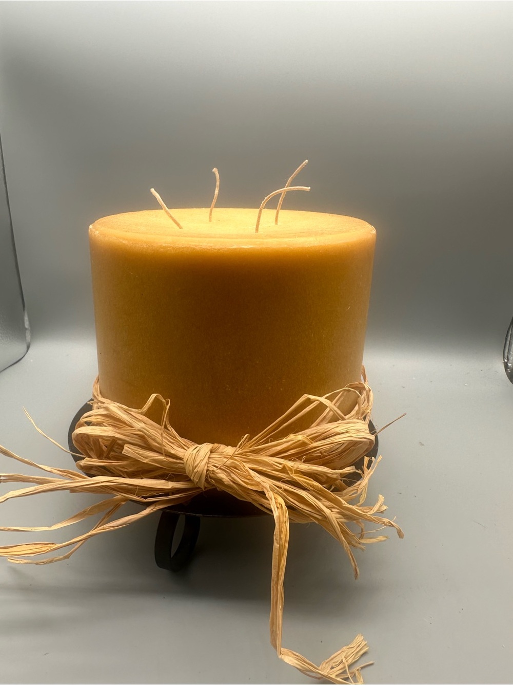 Rustic Brown Sugar Honey Yellow Pillar Candle with Raffia Bow metal stand